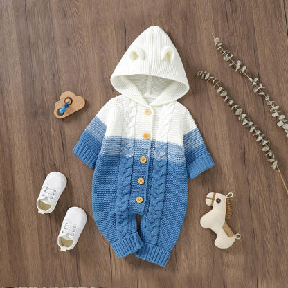 OBEEII Newborn Baby Knitted Romper Jumpsuit with Hood Ear Onesies Pullover Winter Warmer Onesie Bodysuit for Boys Girls