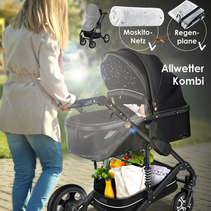 KESSER® Loops 3 in 1 Stroller Combi Stroller Complete Set including Carrycot &amp; Buggy Sports Seat &amp; Car Seat Solid Rubber Tires Changing Bag Rain Cover Children's Table ECE R129, Black/Champagne 