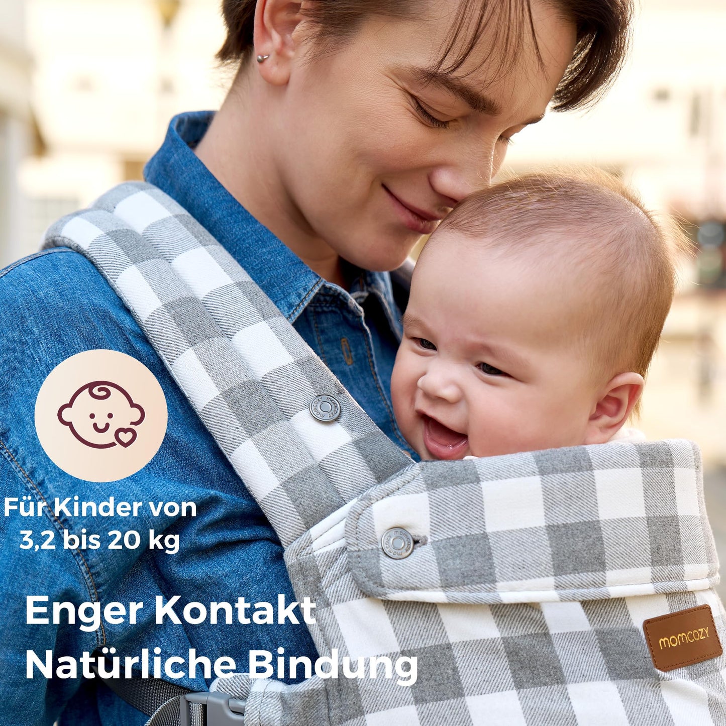 Momcozy Babytrage aus 100% Baumwolle – Baby Carrier für Kleinkind (3-24 Monate, 3,2-20 kg) · Ergonomische M-Position · X-Rücken · Taillengurt 64-127cm, Khaki