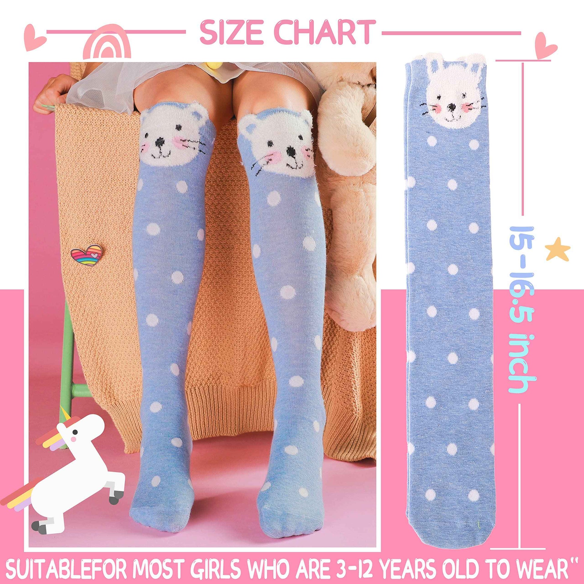 ANTSANG Girls' Knee Socks 6 Pairs for Children Gifts Long Funny Children's Socks Animal Cotton Socks 3-12 Years