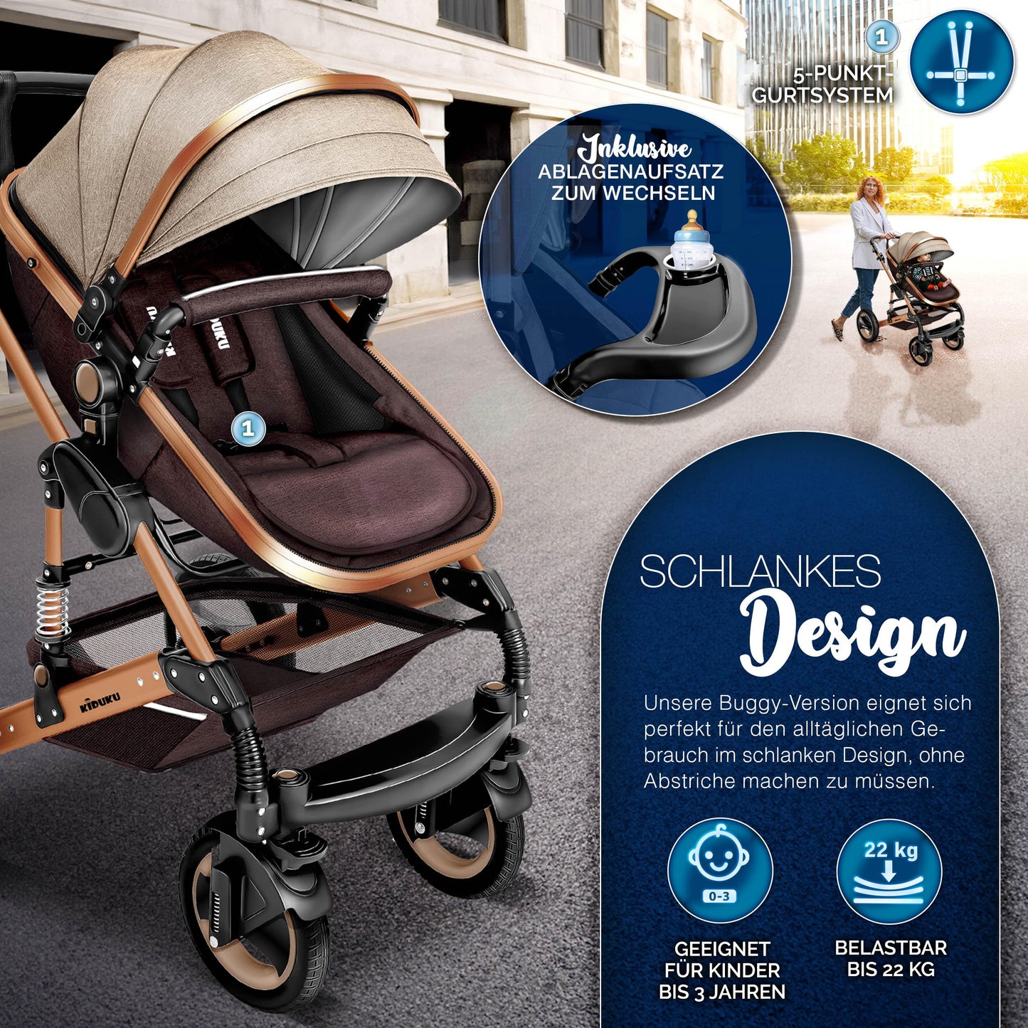 KIDUKU® 3 in 1 Kinderwagen Komplettset | Kombikinderwagen Set inkl. Babywanne & Buggy Sportsitz & Auto-Babyschale Fußsack | Vollgummireifen Wickeltasche Handwärmer Regenschutz Kindertisch ECE R129