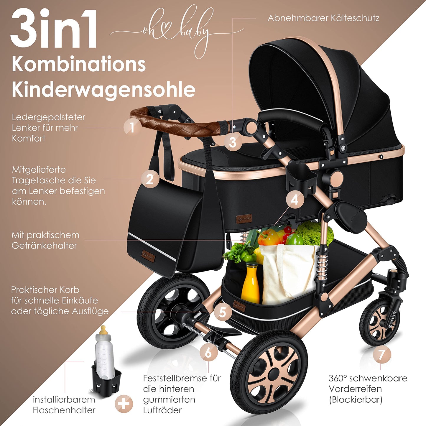 KESSER® Loops 3 in 1 Stroller Combi Stroller Complete Set including Carrycot &amp; Buggy Sports Seat &amp; Car Seat Solid Rubber Tires Changing Bag Rain Cover Children's Table ECE R129, Black/Champagne 