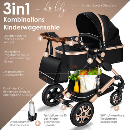 KESSER® Loops 3 in 1 Stroller Combi Stroller Complete Set including Carrycot &amp; Buggy Sports Seat &amp; Car Seat Solid Rubber Tires Changing Bag Rain Cover Children's Table ECE R129, Black/Champagne 