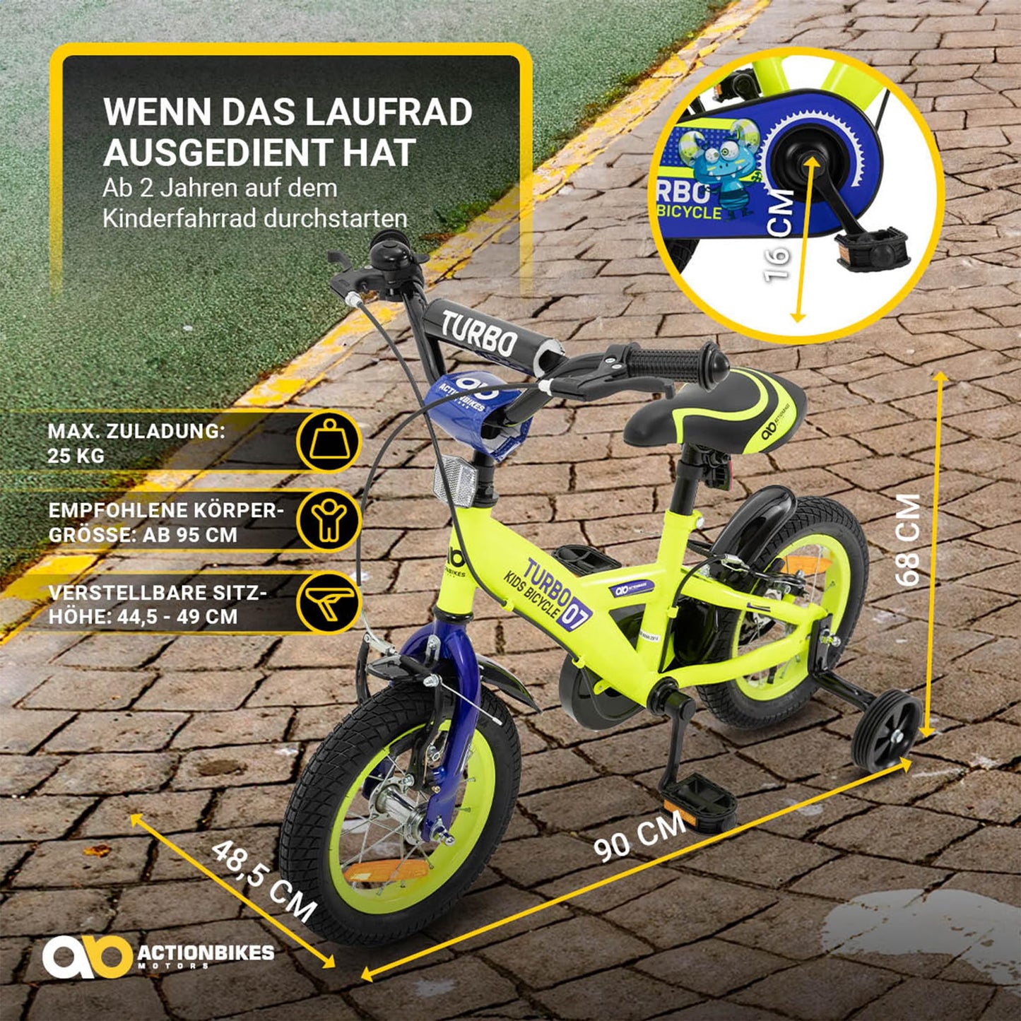 Actionbikes Kinderfahrrad Turbo | 12 16 Zoll - V-Brake Bremsen - Fahrrad für Kinder von 2-7 Jahren - Schutzblech v. / h - Kinder Fahrrad für Mädchen & Jungen - Fahrräder - Bicycle - Kinderrad - Bike - Meloni2
