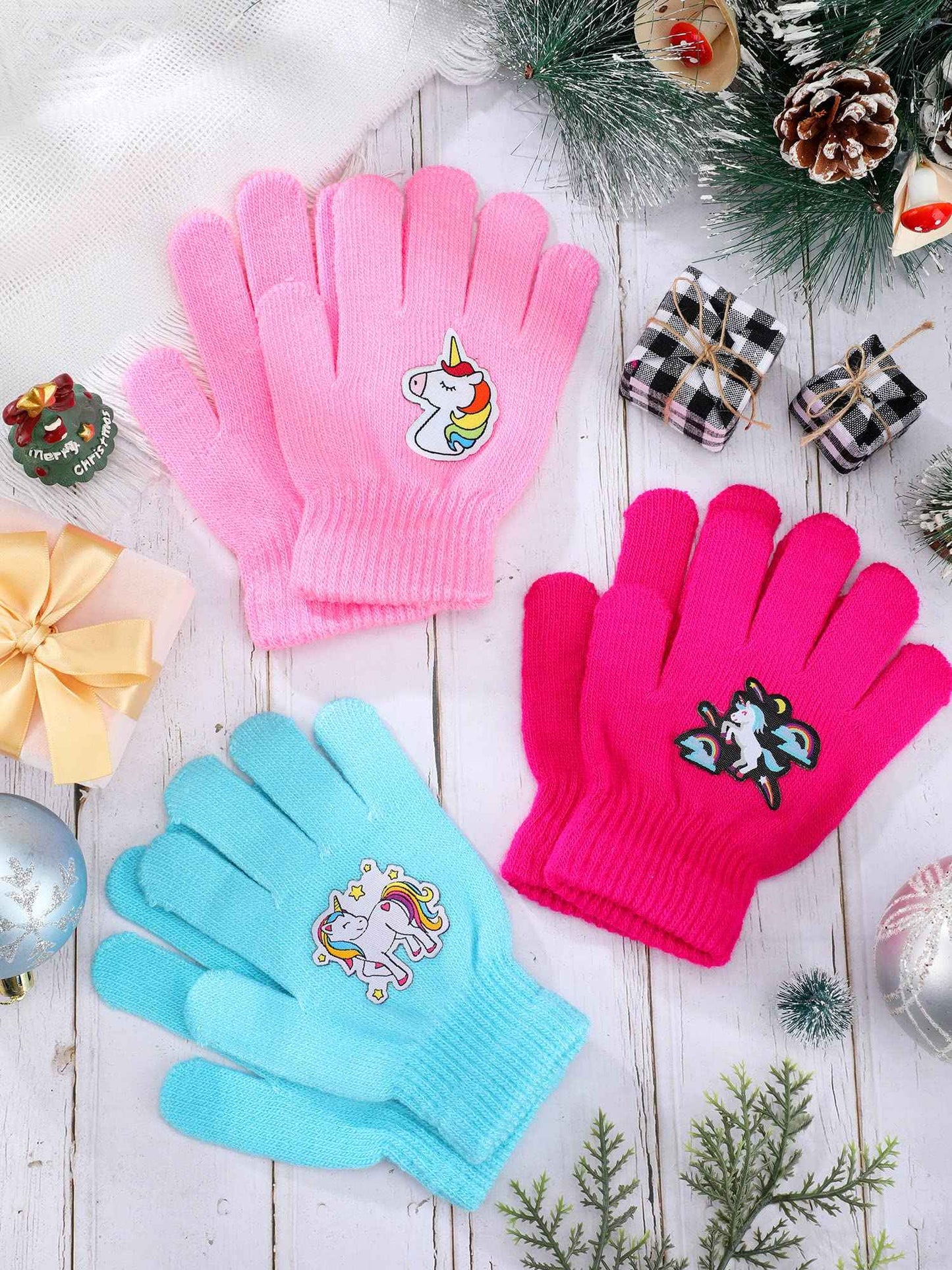 Geyoga 3 Pairs of Children's Full Finger Knitted Gloves Winter Unicorn Mittens for Boys Girls Aged 4-10