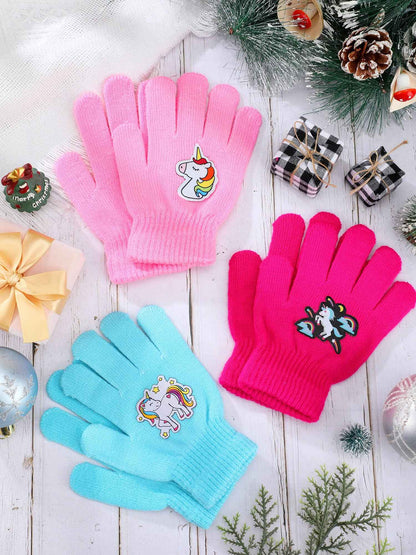 Geyoga 3 Pairs of Children's Full Finger Knitted Gloves Winter Unicorn Mittens for Boys Girls Aged 4-10