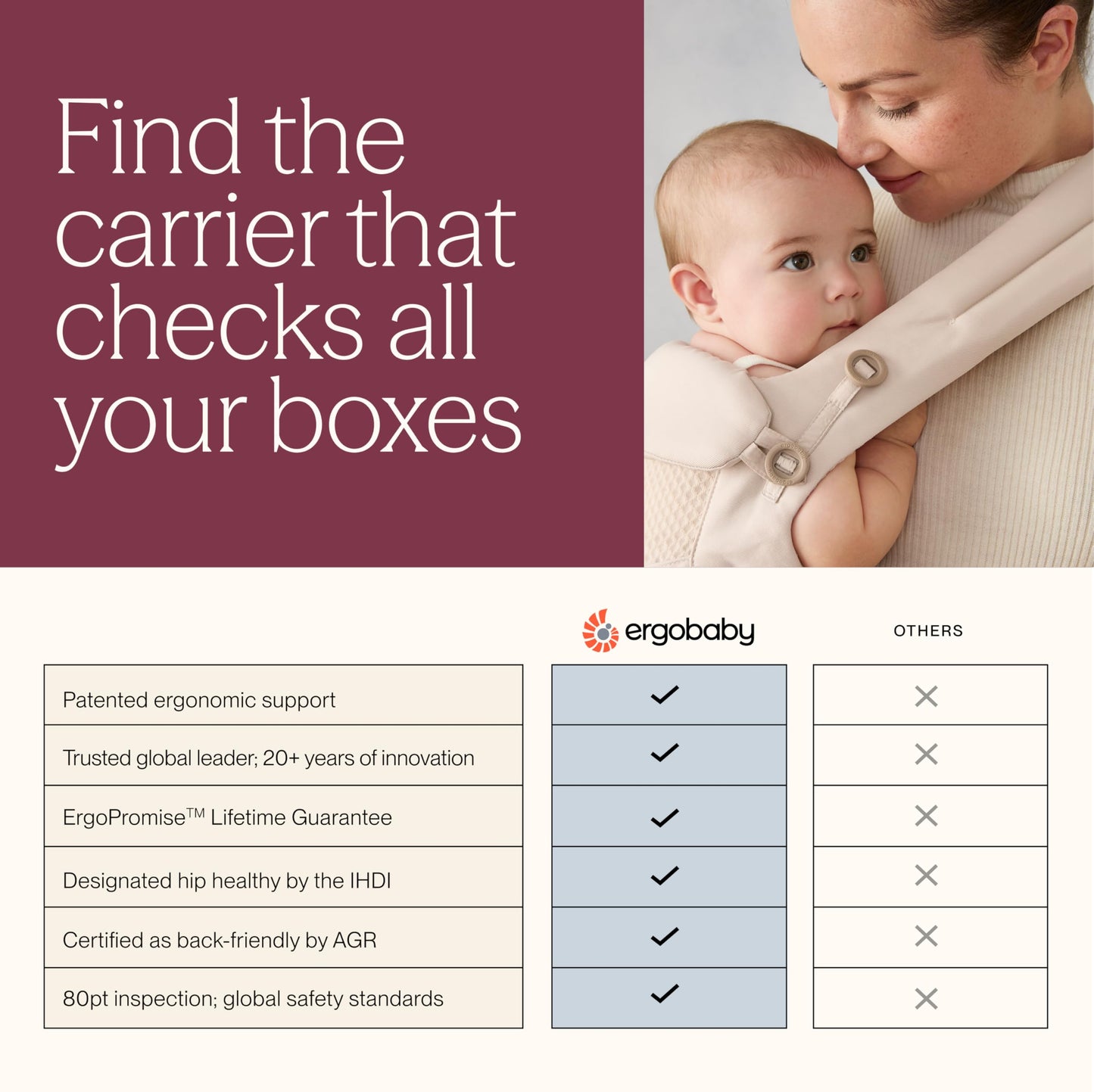 Ergobaby Adapt Babytrage für Neugeborene ab Geburt, 3-Positionen SoftFlex Mesh Ergonomische Babybauchtrage Rückentrage Baby-Tragetasche, Natural Beige, 1 Einheit