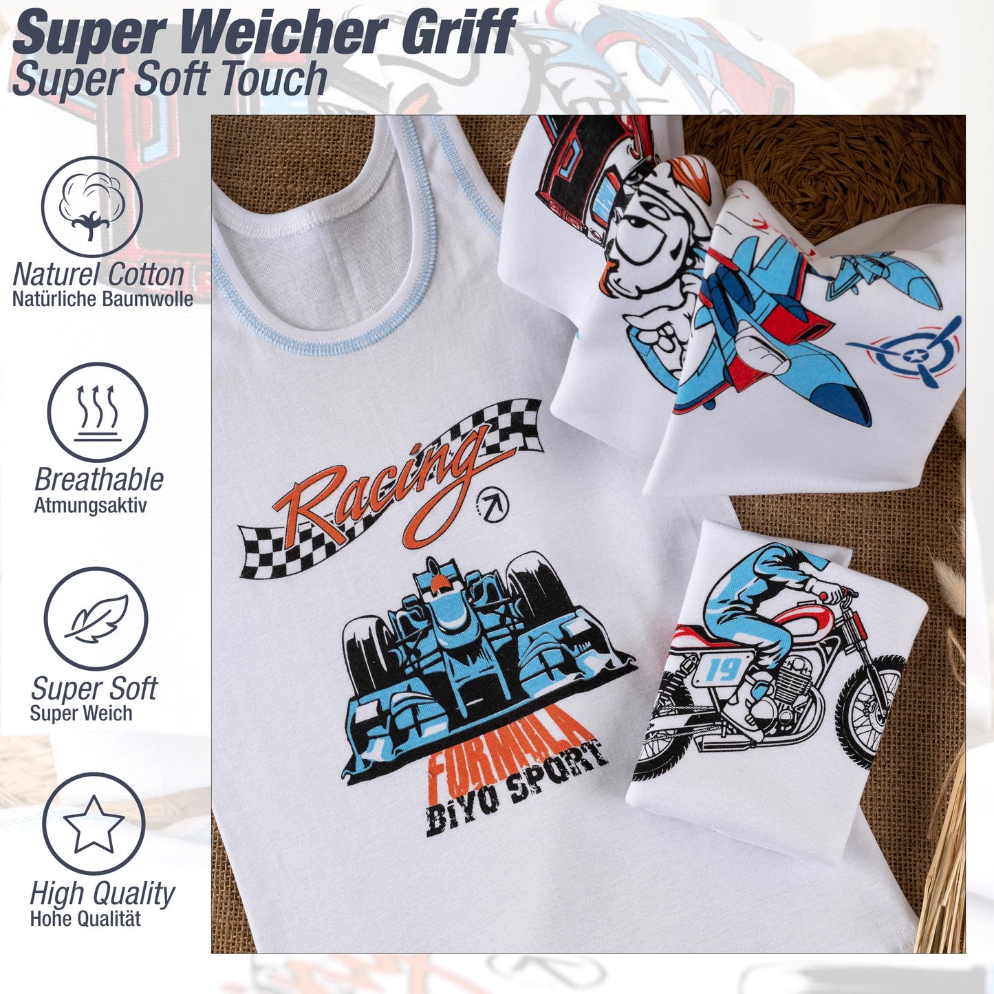 LOREZA ® 5 Pack Jungen Unterhemden 100% gerippte Baumwolle ohne Seitennaht Tank Top