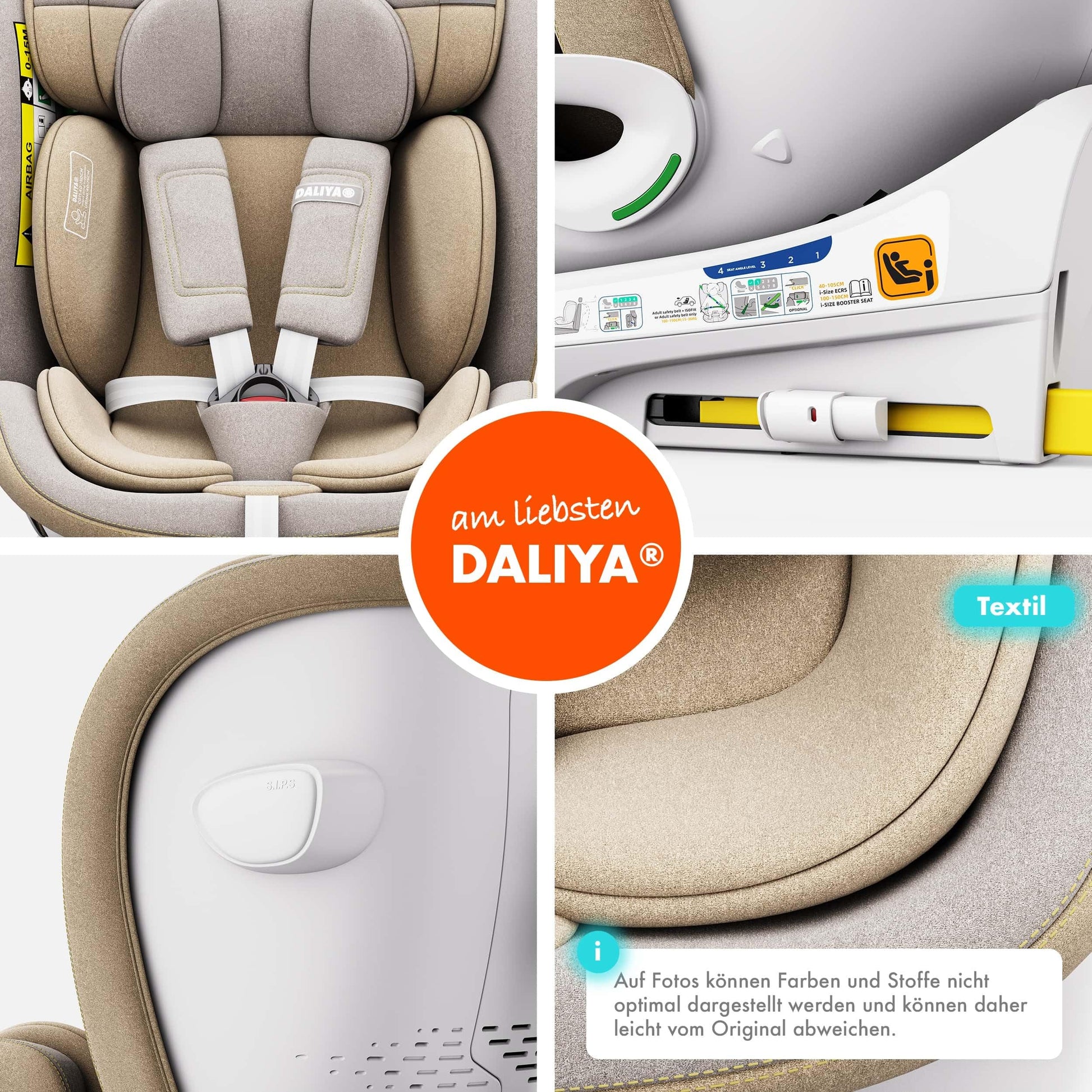 Daliya® Kindersitz ROTAZIONE | I-SIZE 40-150 cm | 8 Pos. | Isofix | (SIP) | Top Tether | 360° | 5 Punkt Gurt | Gruppe 0+ / I/II/III 0-36 KG | Neueste Zulassungs UN ECE Reg. 129 (Beige) - Meloni2