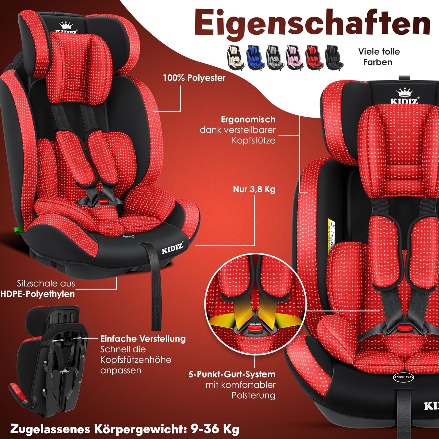 KIDIZ® Autokindersitz Triangle Premium Kindersitz Kinderautositz | Autositz Sitzschale | 9 kg - 36 kg 1-12 Jahre | Gruppe 1/2/3 | universal | zugelassen nach ECE R129/03 | mit Isofix