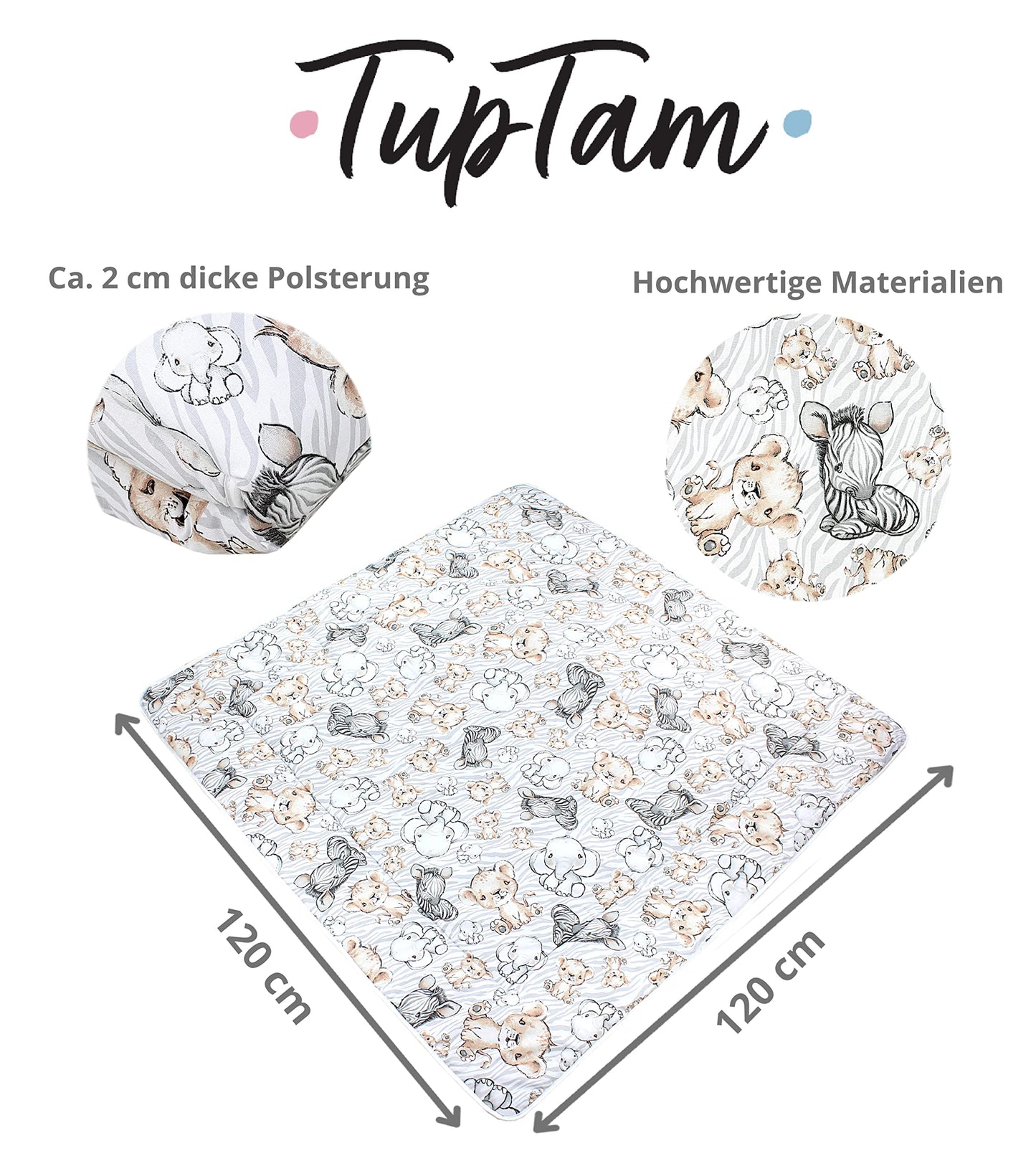 TupTam Krabbeldecke für Baby 120x120 cm - Gepolsterte Spieldecke Baby Baumwolle, XXL, OEKO-TEX, Weich & Hautfreundlich, Farbe: Wald/Beige