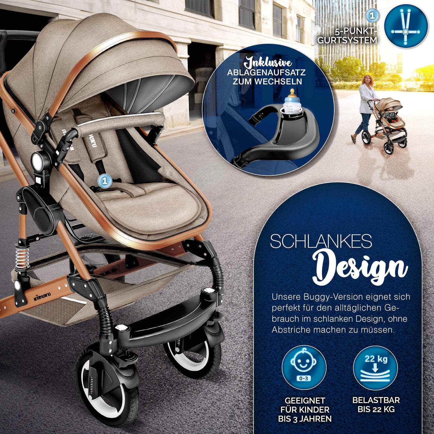 KIDUKU® 3 in 1 Kinderwagen Komplettset | Kombikinderwagen Set inkl. Babywanne & Buggy Sportsitz & Auto-Babyschale Fußsack | Vollgummireifen Wickeltasche Handwärmer Regenschutz Kindertisch ECE R129