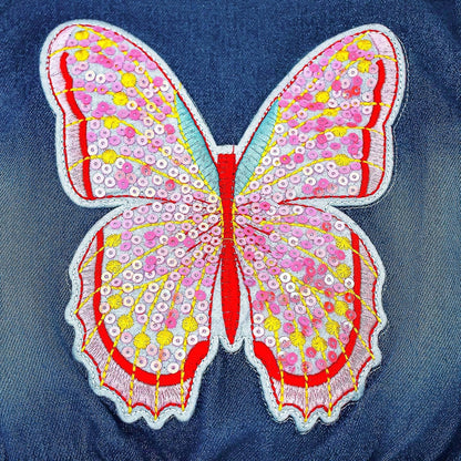Peacolate 2-11 Jahre kleine Mädchen Stickerei Pailletten Schmetterling Mäntel Jeansjacke