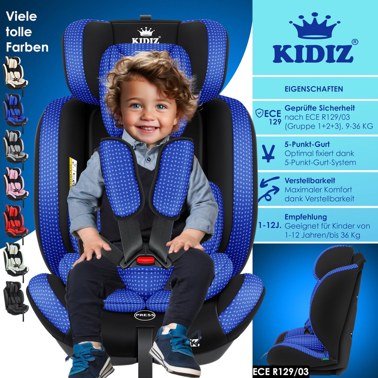 KIDIZ® Autokindersitz Triangle Premium Kindersitz Kinderautositz | Autositz Sitzschale | 9 kg - 36 kg 1-12 Jahre | Gruppe 1/2/3 | universal | zugelassen nach ECE R129/03 | mit Isofix