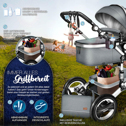 KIDUKU® 3 in 1 Kinderwagen Komplettset | Kombikinderwagen Set inkl. Babywanne & Buggy Sportsitz & Auto-Babyschale Fußsack | Vollgummireifen Wickeltasche Handwärmer Regenschutz Kindertisch ECE R129