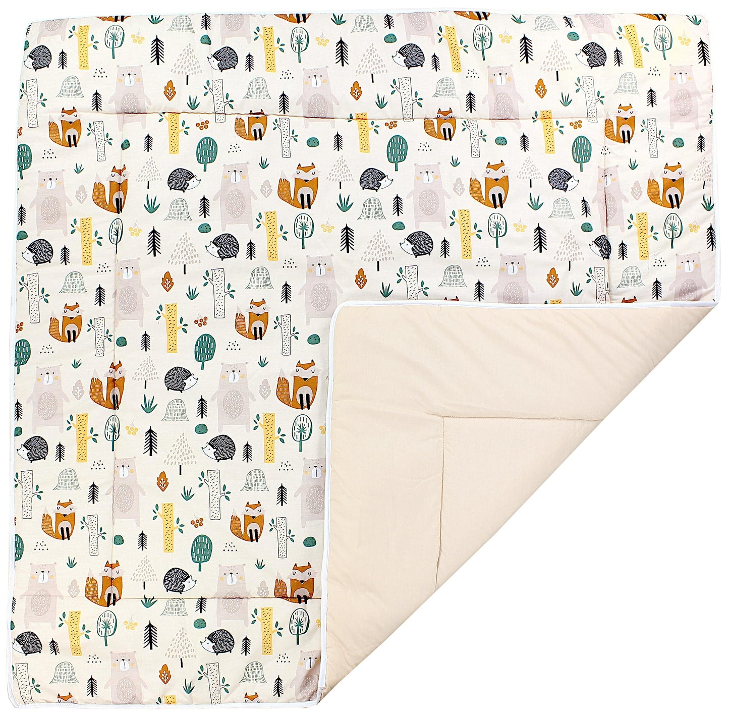 TupTam Krabbeldecke für Baby 120x120 cm - Gepolsterte Spieldecke Baby Baumwolle, XXL, OEKO-TEX, Weich & Hautfreundlich, Farbe: Wald/Beige - Meloni2