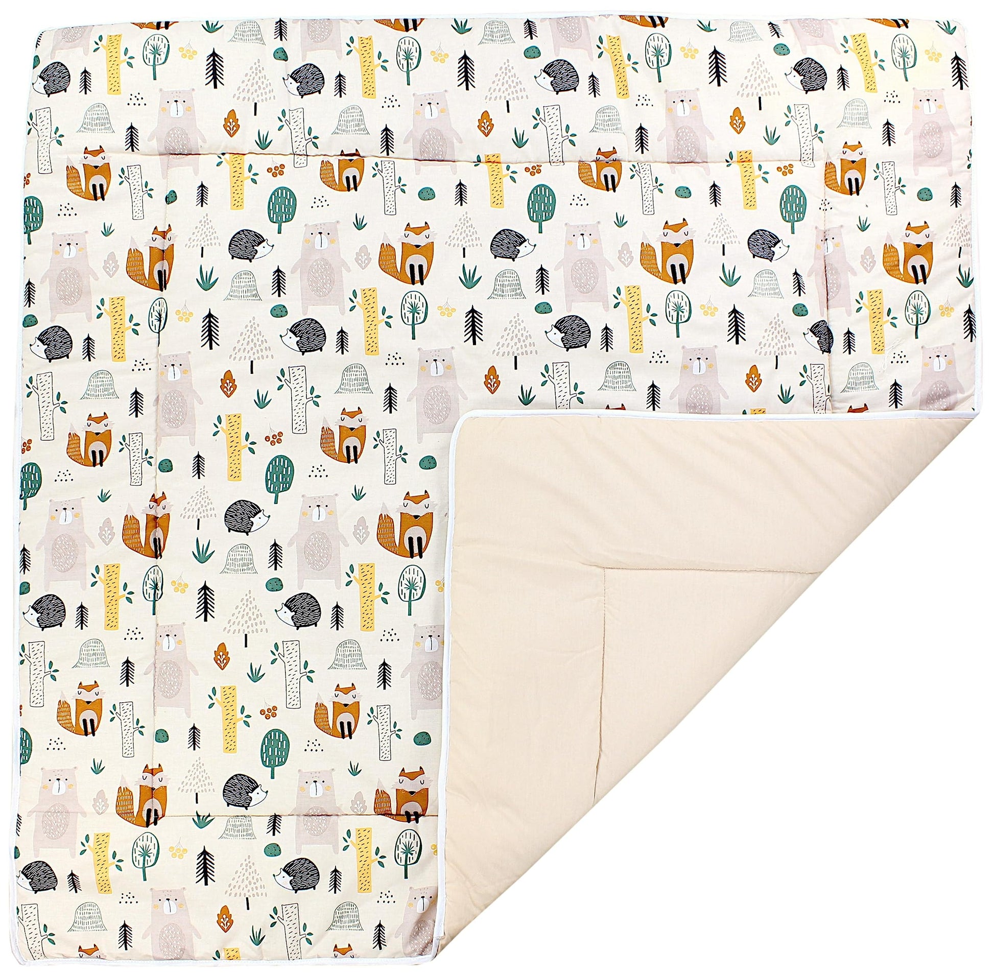 TupTam Krabbeldecke für Baby 120x120 cm - Gepolsterte Spieldecke Baby Baumwolle, XXL, OEKO-TEX, Weich & Hautfreundlich, Farbe: Wald/Beige - Meloni2