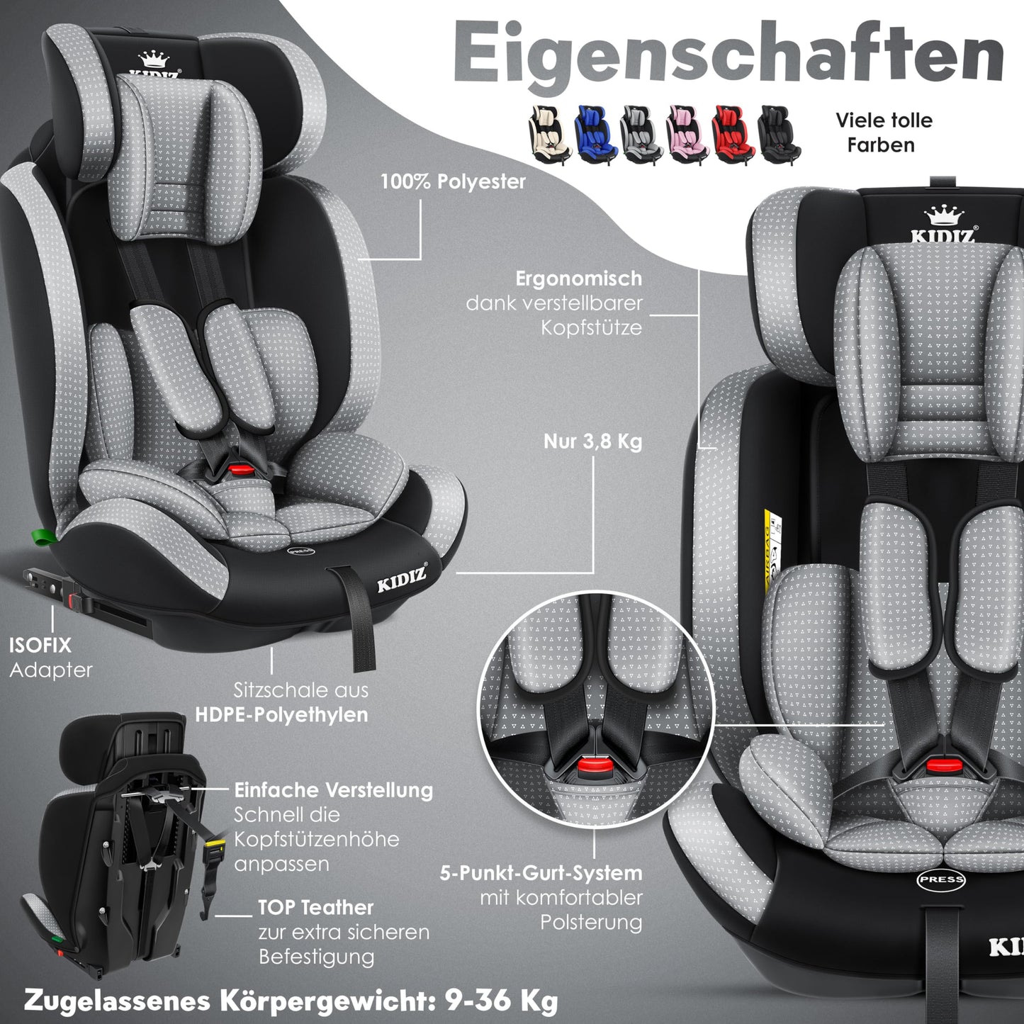 KIDIZ® Autokindersitz Triangle Premium Kindersitz Kinderautositz | Autositz Sitzschale | 9 kg - 36 kg 1-12 Jahre | Gruppe 1/2/3 | universal | zugelassen nach ECE R129/03 | mit Isofix - Meloni2