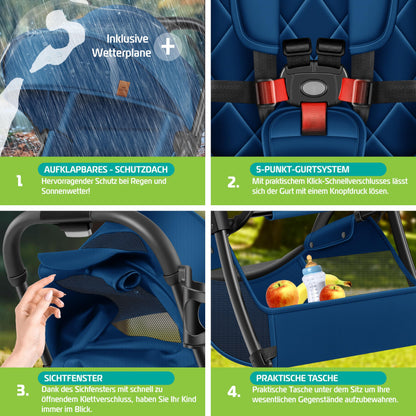 KIDIZ® Folding Pushchair, Sports Pram, 360° Wheels, 5-Point Harness, incl. Drinks Holder, Rain Cover, Adjustable Backrest and Sun Canopy, Red