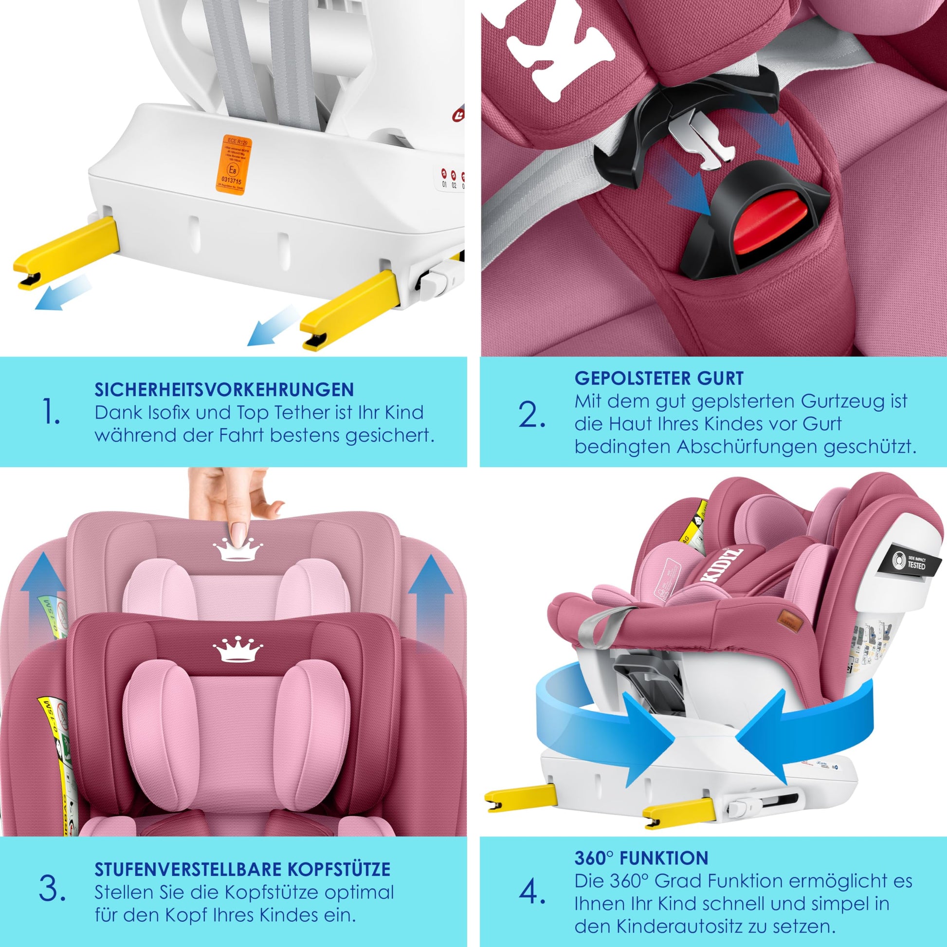 KIDIZ® Kindersitz Baby Autositz Kinderautositz Isofix Top Tether 360° drehbar Gruppe 0/1/2/3 ab Geburt 0-36kg Mit Sonnenschutzdach Seitenschutz 5 Punkt Gurt Kopfstützenverstellung ECE R129 Grau - Meloni2