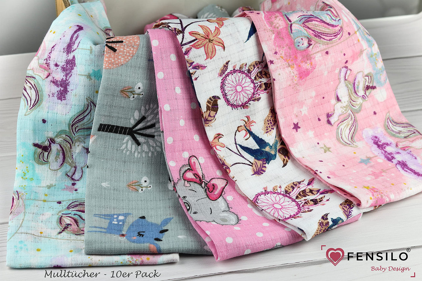 FENSILO - Mulltücher - Mullwindeln - 10er Pack 70x80 cm - Stoffwindeln, Made IN EU, schadstoffgeprüft - Spucktücher Set für Mädchen – Baby Mullwindeln- Rosa - Oeko-TEX Zertifiziert