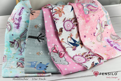 FENSILO - Mulltücher - Mullwindeln - 10er Pack 70x80 cm - Stoffwindeln, Made IN EU, schadstoffgeprüft - Spucktücher Set für Mädchen – Baby Mullwindeln- Rosa - Oeko-TEX Zertifiziert