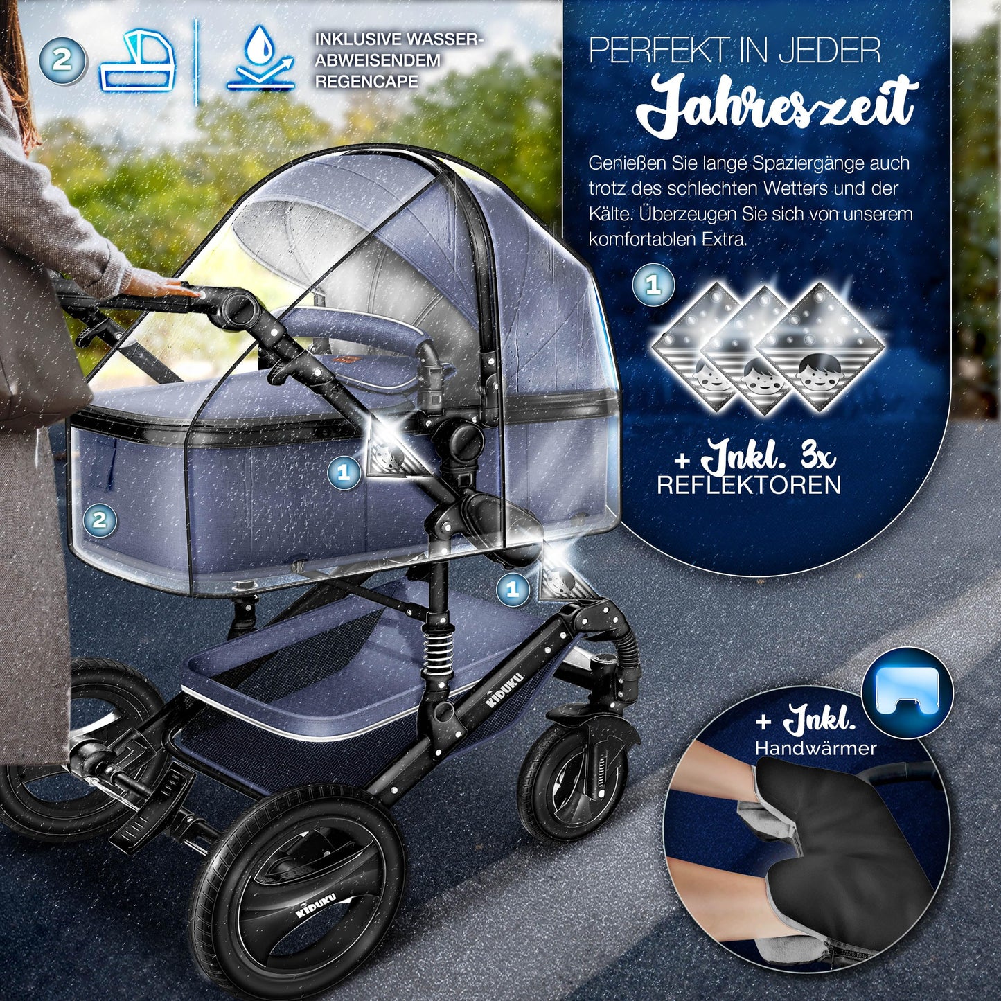 KIDUKU® 3 in 1 Kinderwagen Komplettset | Kombikinderwagen Set inkl. Babywanne & Buggy Sportsitz & Auto-Babyschale Fußsack | Vollgummireifen Wickeltasche Handwärmer Regenschutz Kindertisch ECE R129
