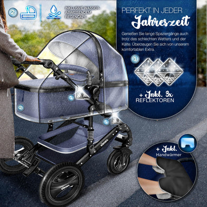 KIDUKU® 3 in 1 Kinderwagen Komplettset | Kombikinderwagen Set inkl. Babywanne & Buggy Sportsitz & Auto-Babyschale Fußsack | Vollgummireifen Wickeltasche Handwärmer Regenschutz Kindertisch ECE R129