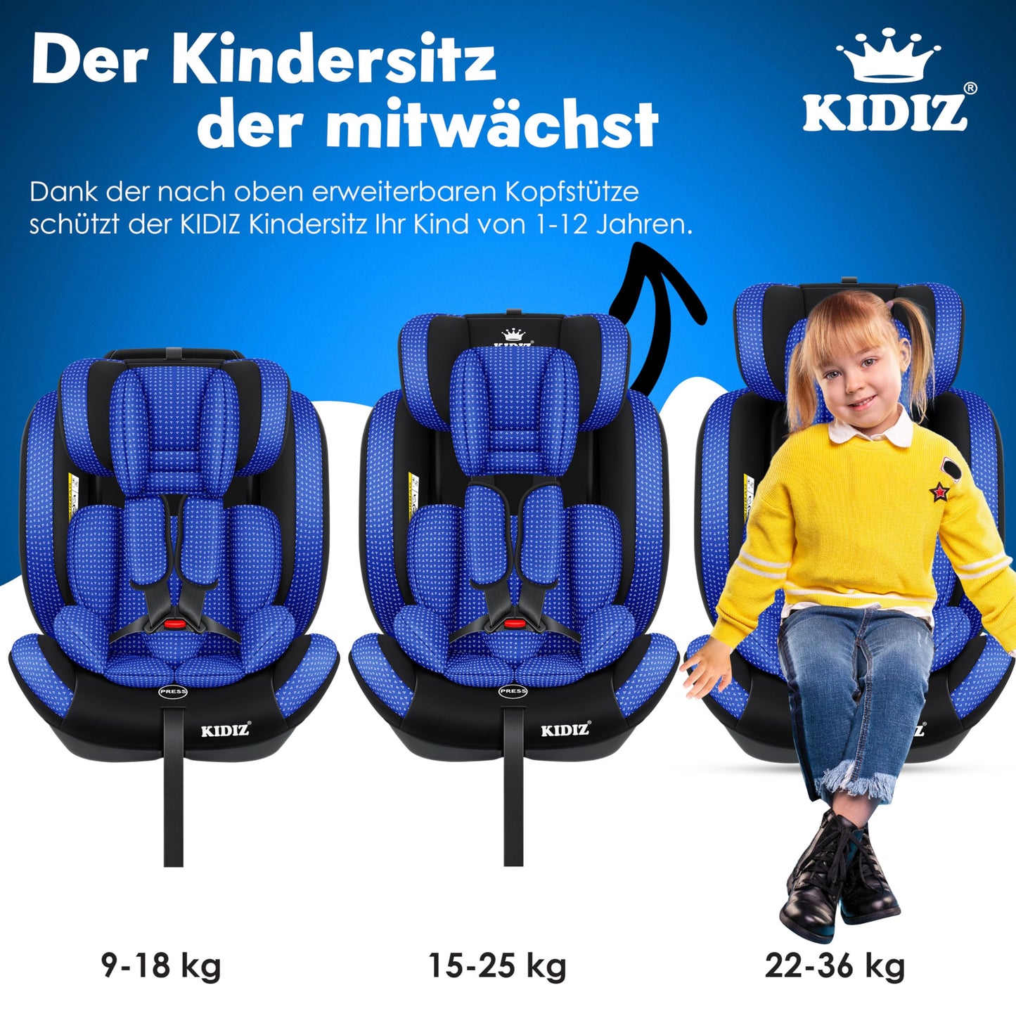 KIDIZ® Autokindersitz Triangle Premium Kindersitz Kinderautositz | Autositz Sitzschale | 9 kg - 36 kg 1-12 Jahre | Gruppe 1/2/3 | universal | zugelassen nach ECE R129/03 | mit Isofix