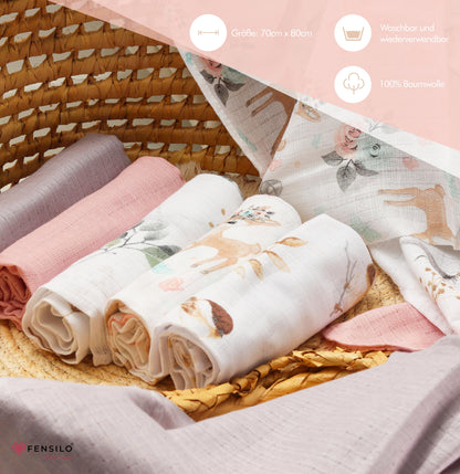 FENSILO - Mulltücher - Mullwindeln - 10er Pack 70x80 cm - Stoffwindeln, Made IN EU, schadstoffgeprüft - Spucktücher Set für Mädchen – Baby Mullwindeln- Rosa - Oeko-TEX Zertifiziert