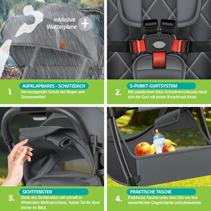 KIDIZ® Folding Pushchair, Sports Pram, 360° Wheels, 5-Point Harness, incl. Drinks Holder, Rain Cover, Adjustable Backrest and Sun Canopy, Red