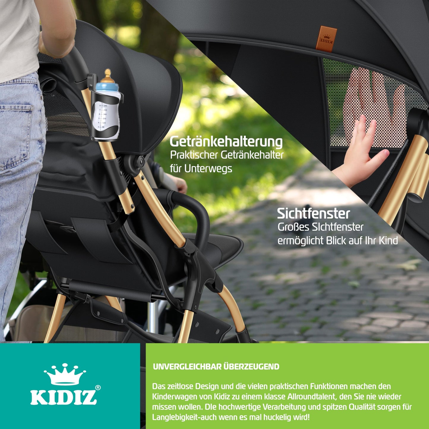KIDIZ® Folding Pushchair, Sports Pram, 360° Wheels, 5-Point Harness, incl. Drinks Holder, Rain Cover, Adjustable Backrest and Sun Canopy, Red