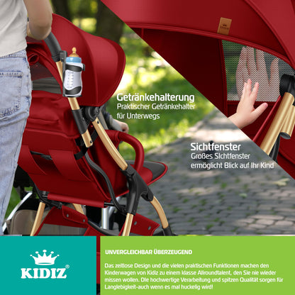 KIDIZ® Folding Pushchair, Sports Pram, 360° Wheels, 5-Point Harness, incl. Drinks Holder, Rain Cover, Adjustable Backrest and Sun Canopy, Red