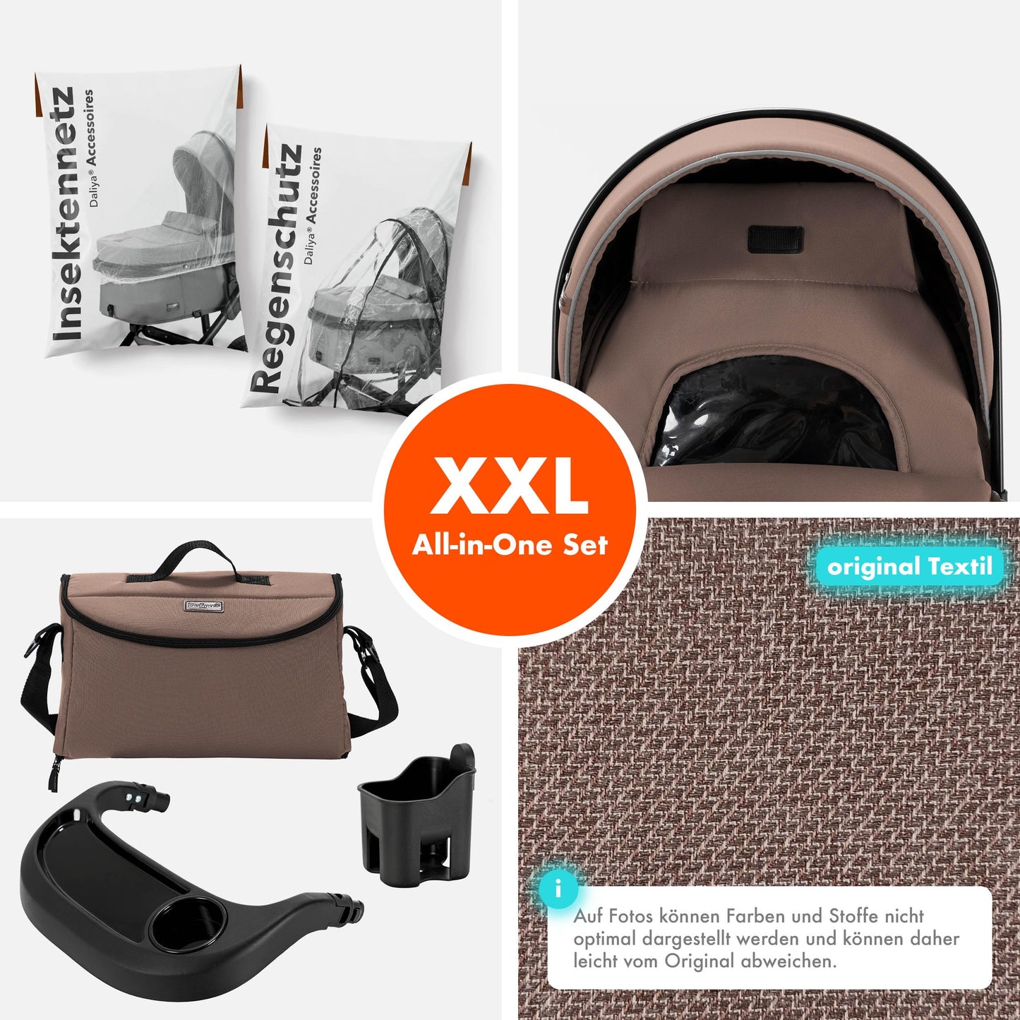 Daliya® FLEXI-PRO M 2in1 Kombikinderwagen & Buggy – XXL-Set, Reise-Kinderwagen mit Einhand-Abnahme, Wetterschutz, Sportsitz, Wickeltasche, Spieltisch, Regenschutz, dicke Matratze (Olivgrün)