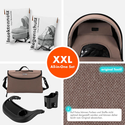 Daliya® FLEXI-PRO M 2in1 Kombikinderwagen & Buggy – XXL-Set, Reise-Kinderwagen mit Einhand-Abnahme, Wetterschutz, Sportsitz, Wickeltasche, Spieltisch, Regenschutz, dicke Matratze (Olivgrün)
