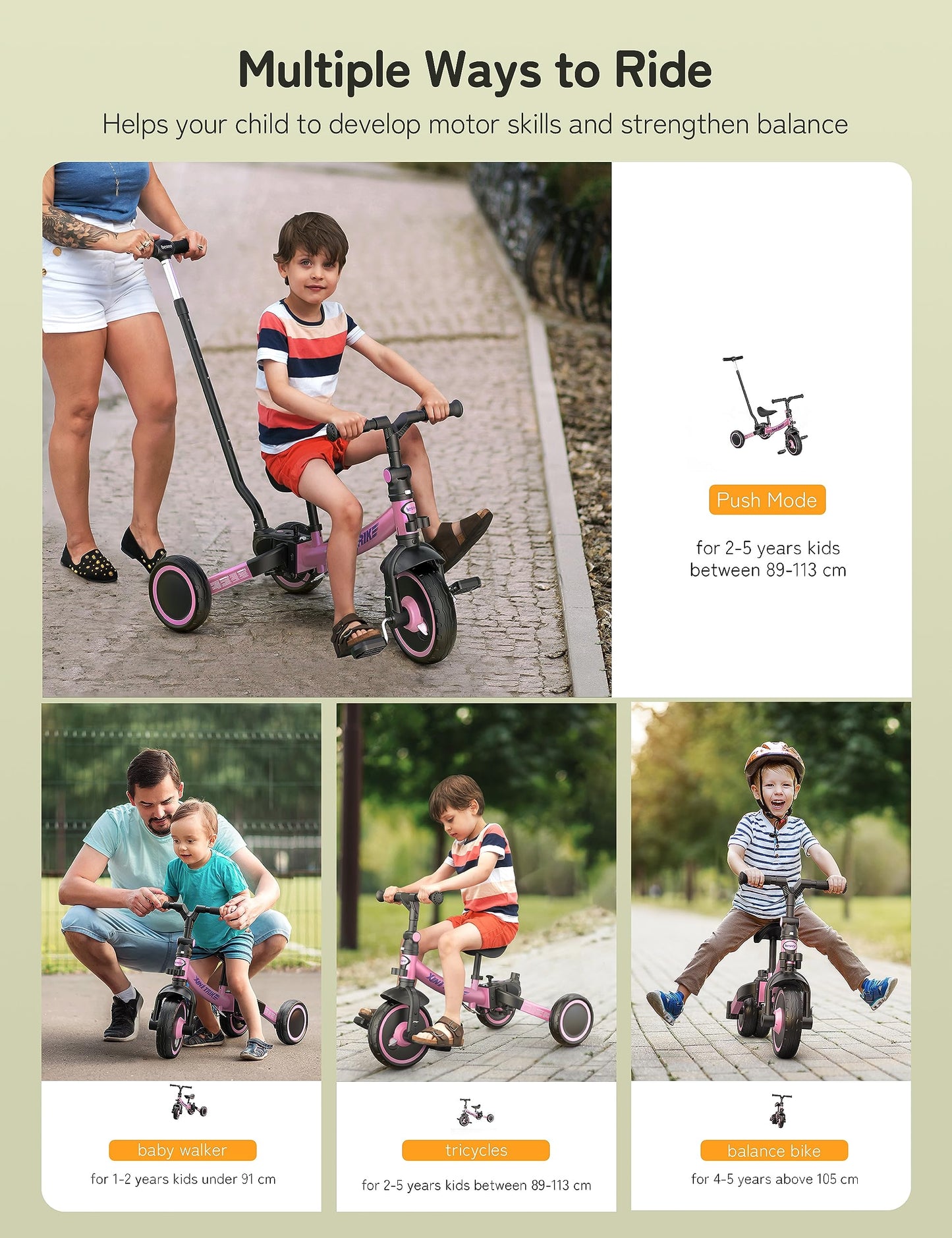 besrey 5 in 1 Laufräder Laufrad Kinderdreirad Dreirad Lauffahrrad Lauflernhilfe für Kinder ab 1 Jahre bis 4 Jahren (Schwarz) - Meloni2