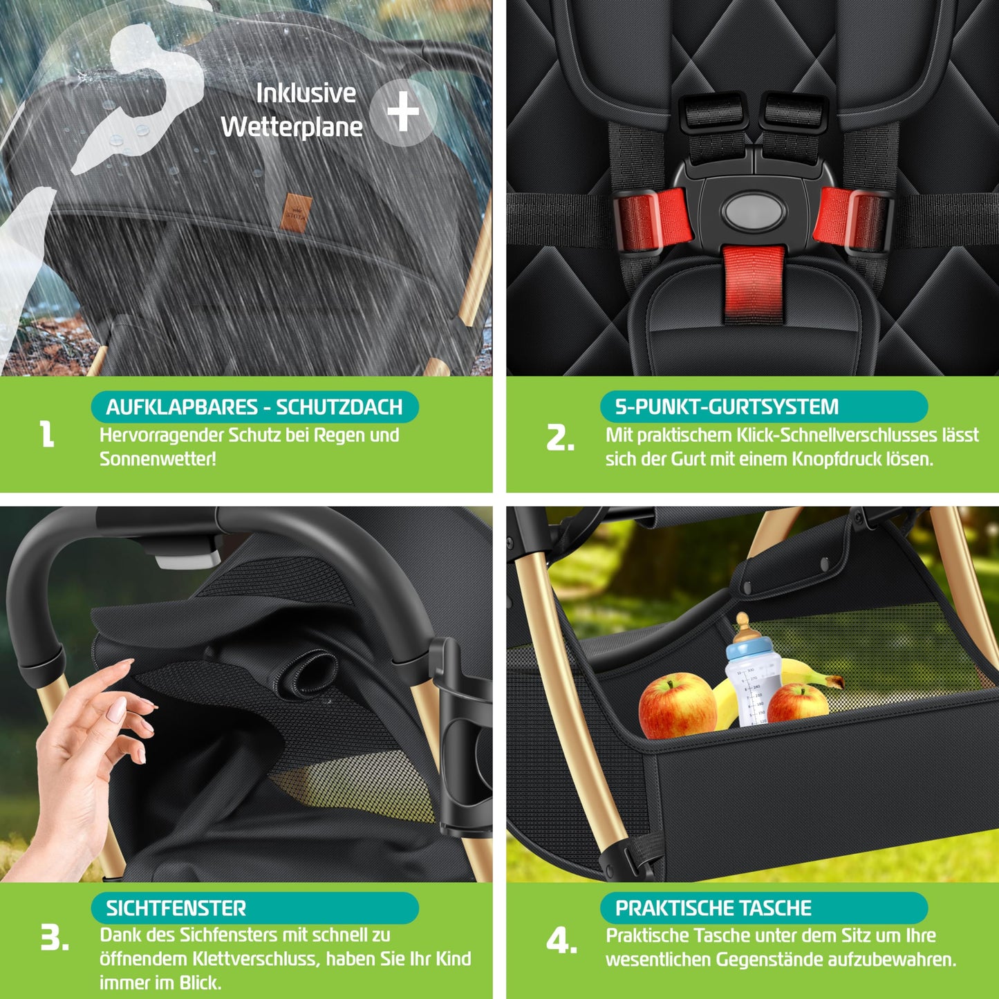 KIDIZ® Folding Pushchair, Sports Pram, 360° Wheels, 5-Point Harness, incl. Drinks Holder, Rain Cover, Adjustable Backrest and Sun Canopy, Red