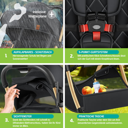 KIDIZ® Folding Pushchair, Sports Pram, 360° Wheels, 5-Point Harness, incl. Drinks Holder, Rain Cover, Adjustable Backrest and Sun Canopy, Red