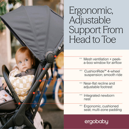 Ergobaby Metro3 Kinderwagen Buggy mit Liegefunktion, Baby-Buggy ab Geburt bis 22kg (0-4 Jahre), Zusammenklappbar und Autositz Kompatibel, höhenverstellbarer Griff, ergonomischer Sitz, Graphite Grey