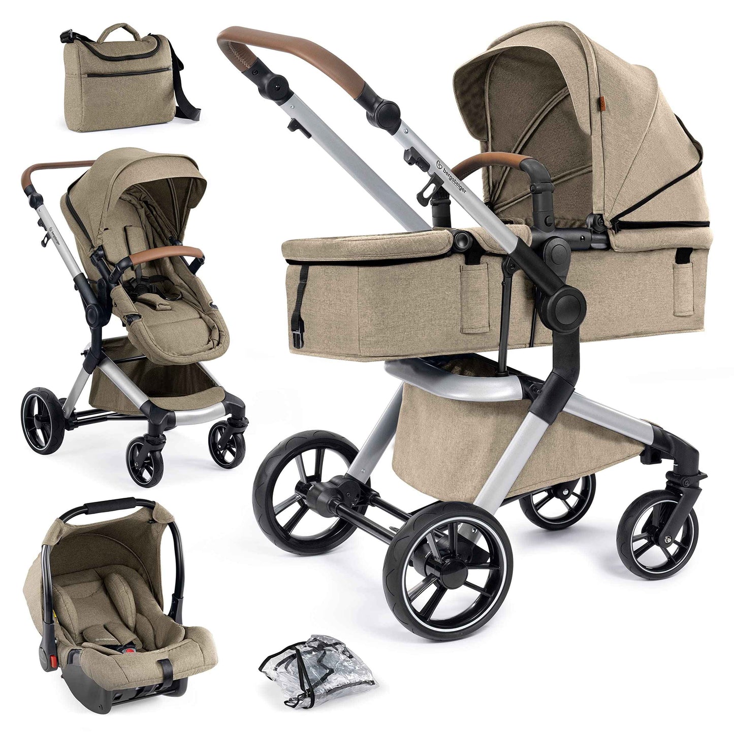 Bergsteiger Lugo 3-in-1 Pushchair Complete Set Including Accessories - Baby Seat, Buggy Attachment, Sun Protection & Weather Footmuff | Isofix Station Available