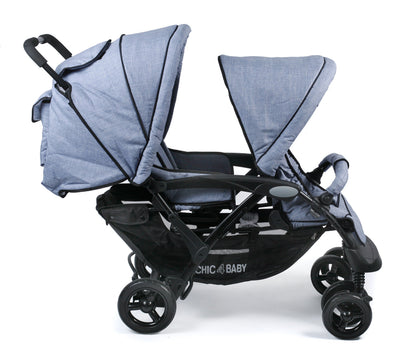 CHIC 4 BABY - Geschwisterwagen DUO mit Tragetasche und Regenschutz, Geschwisterkinderwagen für zwei Kinder, Zwillingswagen, Zwillingsbuggy, Tandemkinderwagen, Tandembuggy, Kinderwagen, Jeans grau