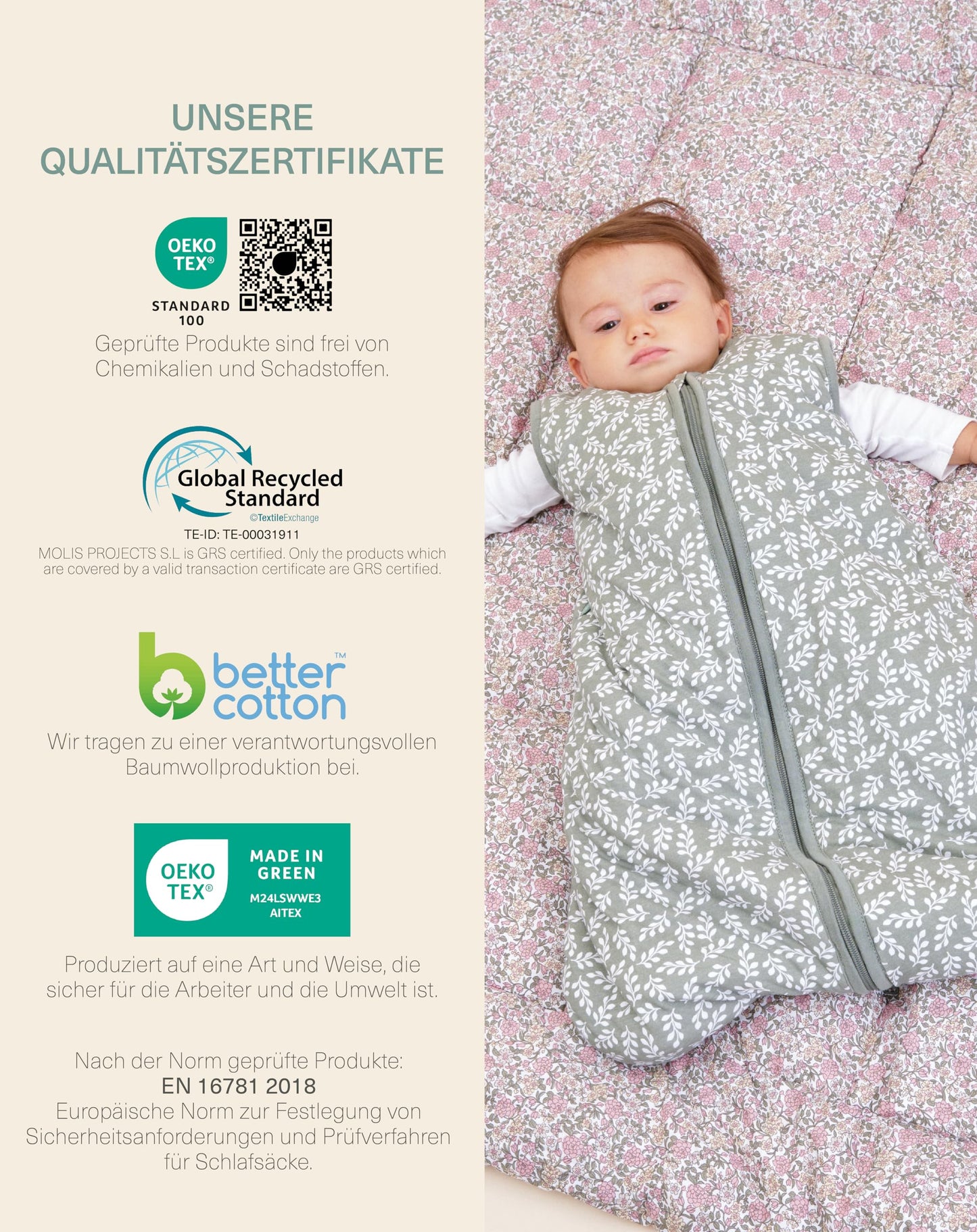 molis&co - Baby Sleeping Bag 2.5 TOG - All-Year Sleeping Bag - Baby Sleeping Bag Newborn - 100% Cotton (Oeko-Tex 100), Sleeveless Winter Sleeping Bag Padded - Premium Quality - Colima (70 cm)
