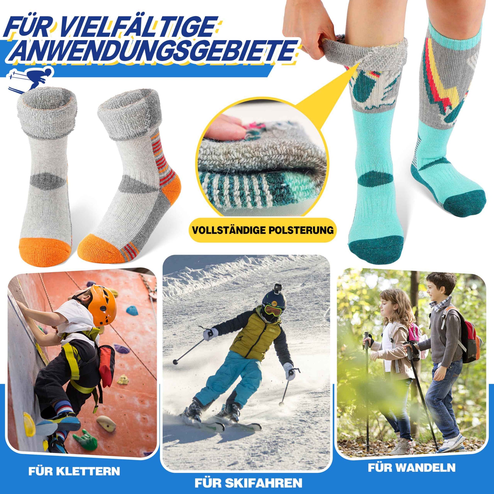 ANTSANG Kinder Merino Woll Skisocken Jungen Mädchen Thermisch Dick Warm Winter Gemütlich Kniehohe Socken zum Skifahren Snowboarden 3 Paar