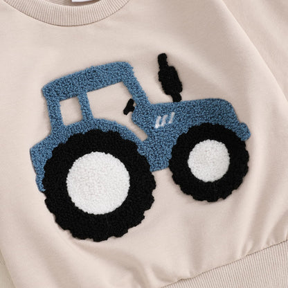 Baby-Frühlings-Outfit für Jungen, Trainingsanzüge mit Traktor-/Auto-Print, Sweatshirts mit langen Ärmeln mit Autodruck + elastische Kordelzughose, 2-teiliges Sportbekleidungsset, weiche Traktor-Outfits