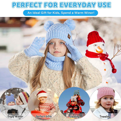 Children's Winter Hat Loop Scarf Touchscreen Gloves Set 2 3 4 5 6 7 Years Toddler Winter Hat Beanie Tube Scarf Knitted Pom Hats Gift Girls Boys