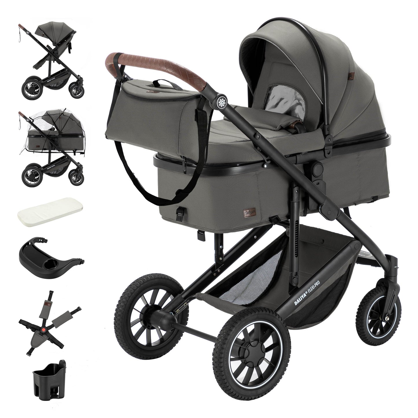 Daliya® FLEXI-PRO M 2in1 Kombikinderwagen & Buggy – XXL-Set, Reise-Kinderwagen mit Einhand-Abnahme, Wetterschutz, Sportsitz, Wickeltasche, Spieltisch, Regenschutz, dicke Matratze (Olivgrün)