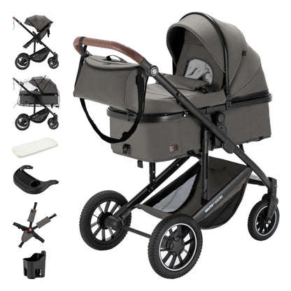 Daliya® FLEXI-PRO M 2in1 Kombikinderwagen & Buggy – XXL-Set, Reise-Kinderwagen mit Einhand-Abnahme, Wetterschutz, Sportsitz, Wickeltasche, Spieltisch, Regenschutz, dicke Matratze (Olivgrün)