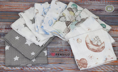 FENSILO - Mulltücher - Mullwindeln - 10er Pack 70x80 cm - Stoffwindeln, Made IN EU, schadstoffgeprüft - Spucktücher Set für Mädchen – Baby Mullwindeln- Rosa - Oeko-TEX Zertifiziert