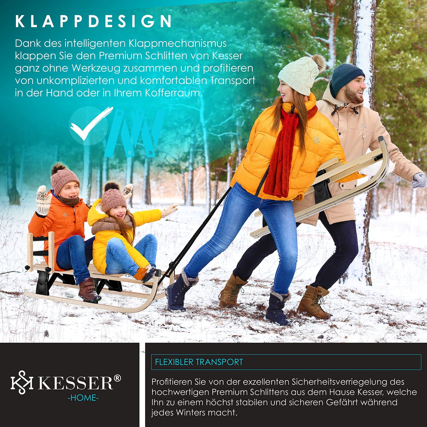 KESSER® Wooden Sledge Premium Children's Folding Sledge Made of Beech Wood Including Pull Rope Slider Metal Runners