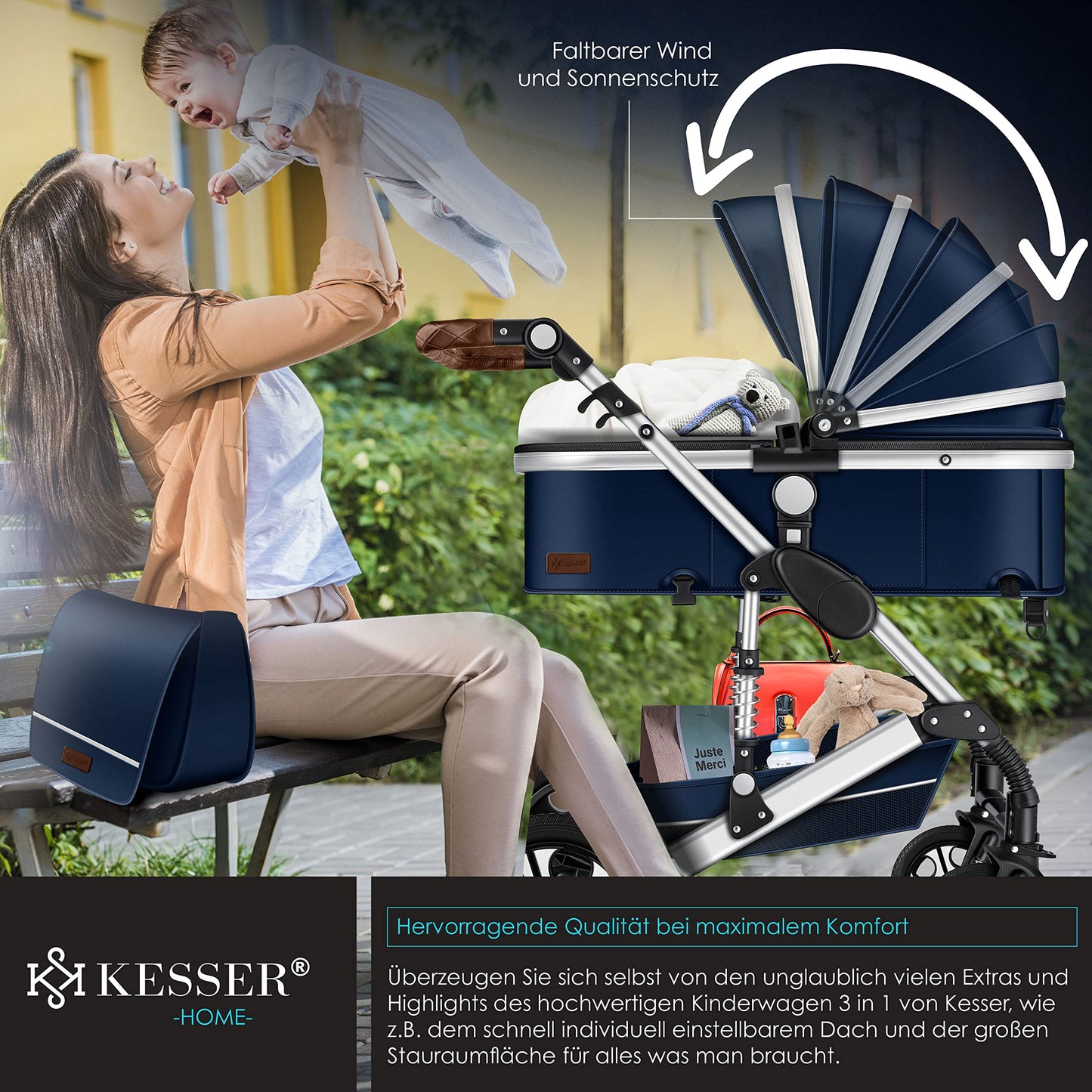 KESSER® Loops 3 in 1 Stroller Combi Stroller Complete Set including Carrycot &amp; Buggy Sports Seat &amp; Car Seat Solid Rubber Tires Changing Bag Rain Cover Children's Table ECE R129, Black/Champagne 